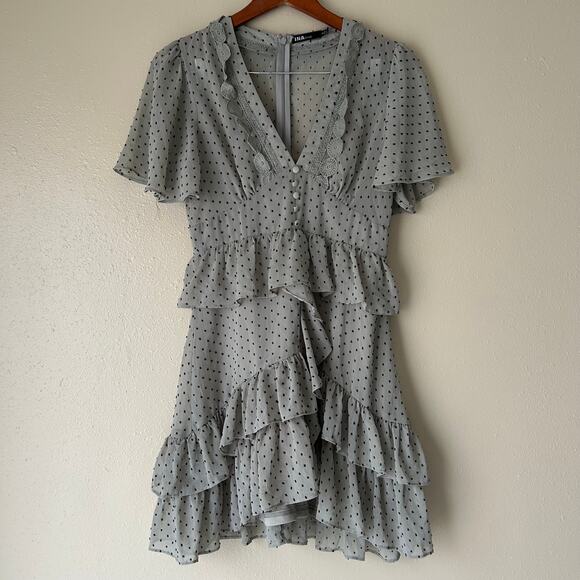 INA Dusky Blue Polka Dot Ruffle Dress Size Small - Picture 4 of 11